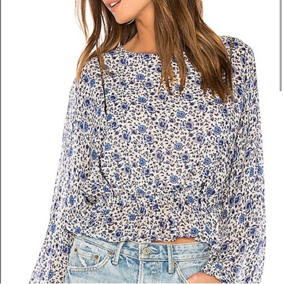 LoveShackFancy Nellie Blouse Floral Print Silk Biscay Blue Peplum Sz XS - Picture 3 of 14